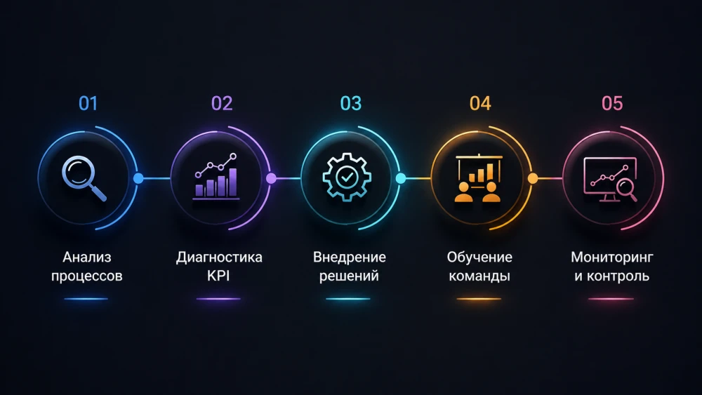 Вертикальная инфографика, представляющая основные этапы процесса консалтинга для малого и среднего бизнеса