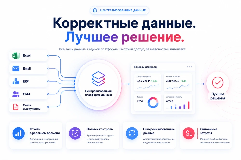 Инфографика, представляющая преимущества централизации данных и самые эффективные доступные инструменты