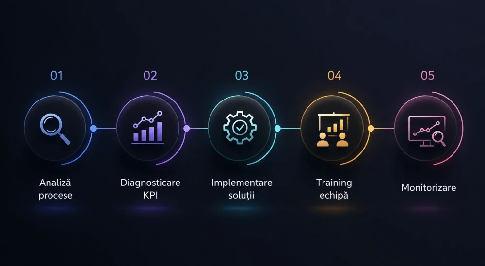 Infografic pe verticală care prezintă pașii principali ai procesului de consultanță pentru întreprinderile mici și mijlocii