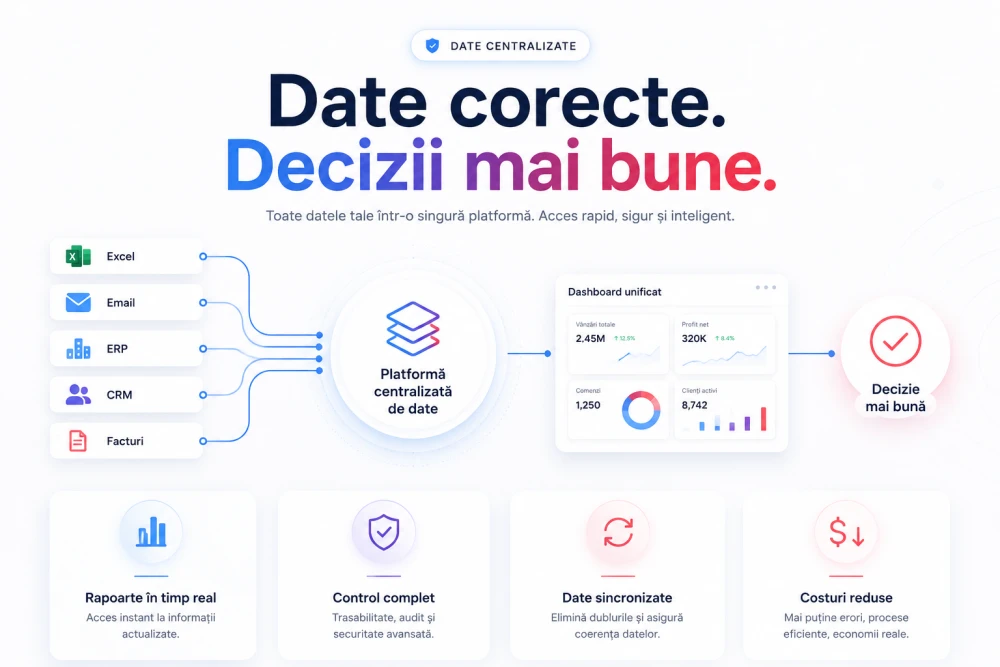 Infografic ce prezintă avantajele centralizării datelor și cele mai eficiente instrumente disponibile